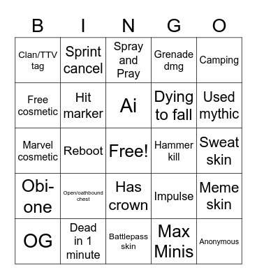 Fortnite bingo Card