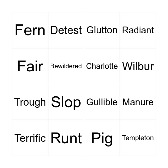 Charlotte's Web Bingo Card