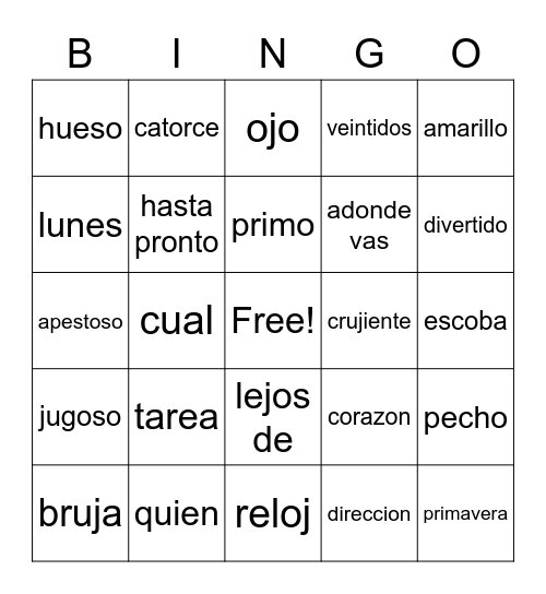 Spanish Vocabulary Bingo Card