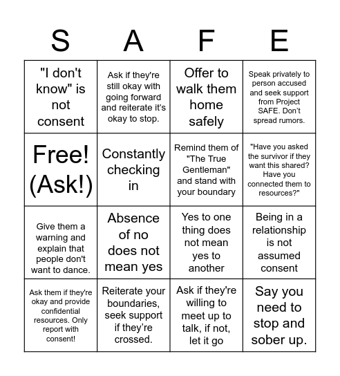 Project SAFE Consent Bingo Card
