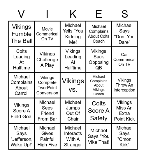 Vikings vs. Colts GAME Bingo Card