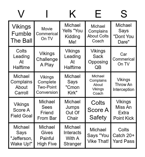 Vikings vs. Colts GAME Bingo Card