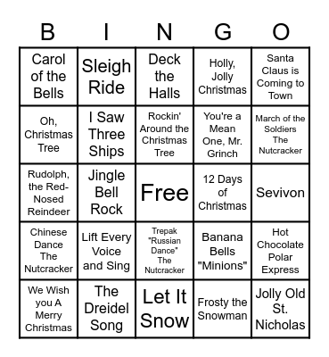 Holiday Sing A-long Bingo Card