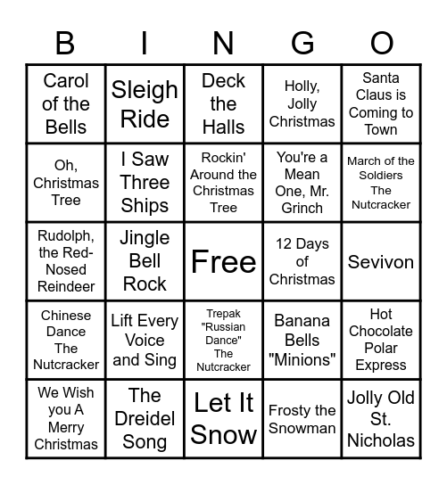 Holiday Sing A-long Bingo Card