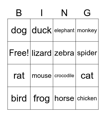 Animals Bingo Card