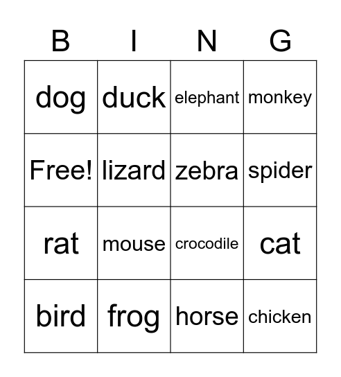 Animals Bingo Card
