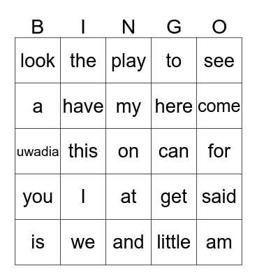 Sight Words Bingo Card