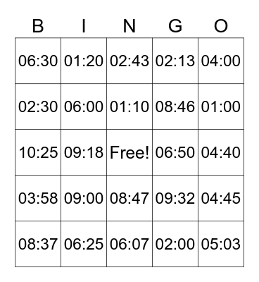 Telling Time Bingo Card