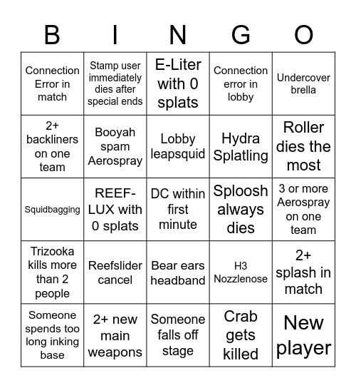 Splatoon 3 Bingo Card