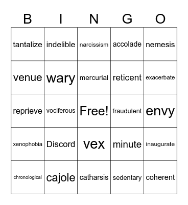 Vocabulary Bingo Card