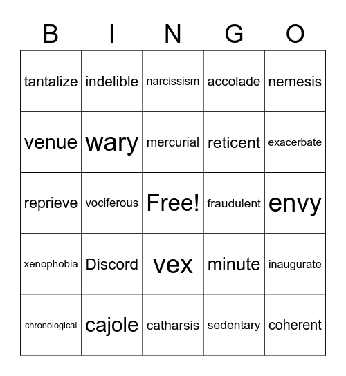 Vocabulary Bingo Card