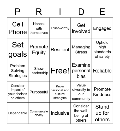 Hawk PRIDE Bingo Card