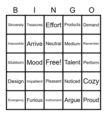 Vocabulary Bingo! Bingo Card