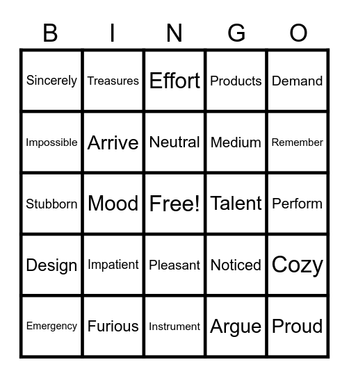 Vocabulary Bingo! Bingo Card