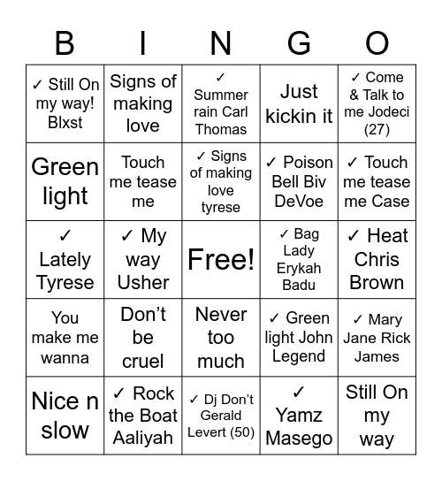 R & B Bingo Card