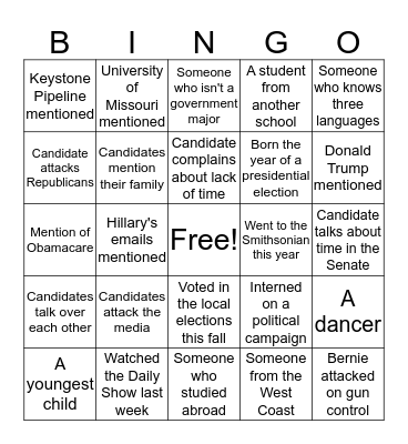 Democratic Primary Debate Bingo Card
