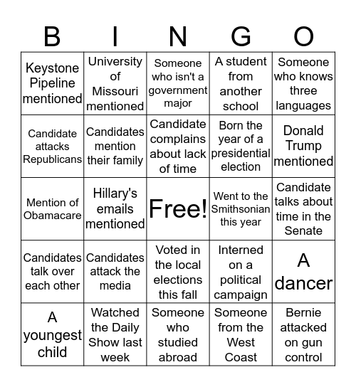 Democratic Primary Debate Bingo Card