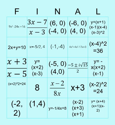 Algebra 2 Fall Final Bingo Card