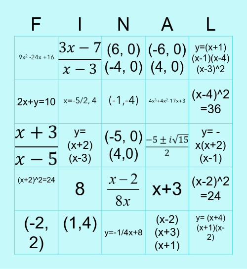 Algebra 2 Fall Final Bingo Card