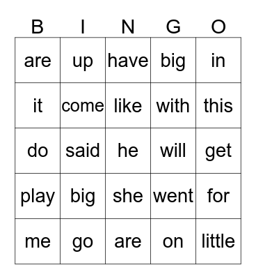 Sight Words Bingo Card