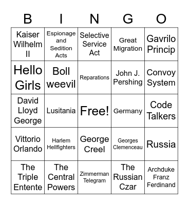 World War I Bingo Card