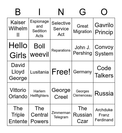 World War I Bingo Card