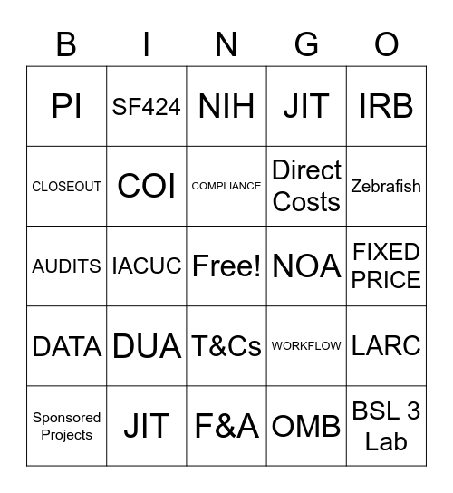 Research Administration Office Bingo Card