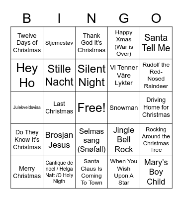 PRO Bergen Christmas Song Bingo Card