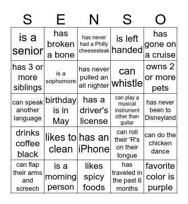 SenSo Bingo Card