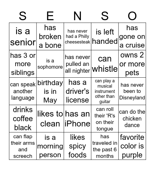 SenSo Bingo Card