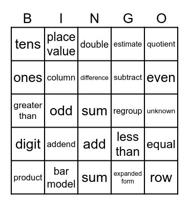 Math Vocabulary Bingo Card