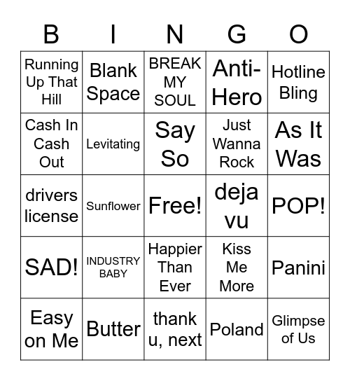 Guess the Song Bingo Card