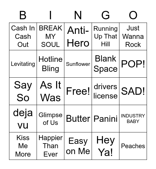 Guess the Song Bingo Card