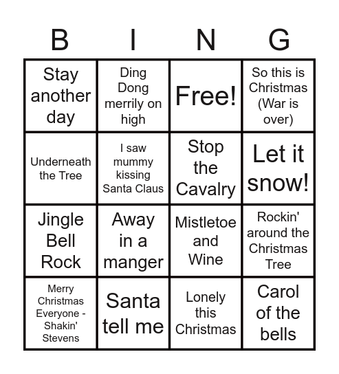 SNAP's Christmas Song Bingo Card