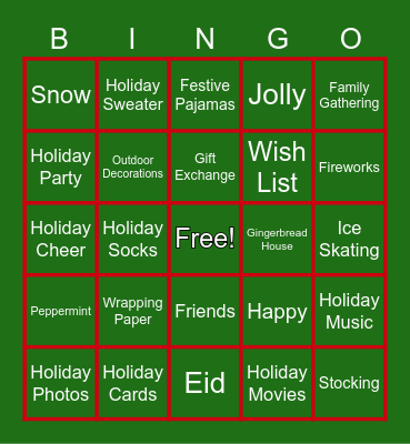 Holiday/Christmas Bingo Card