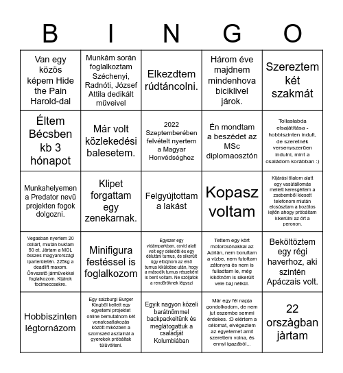 Osztály találkozó Bingo Card