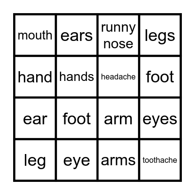 Body Part Bingo Card