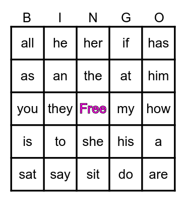 Kindergarten Sight Words Bingo Card