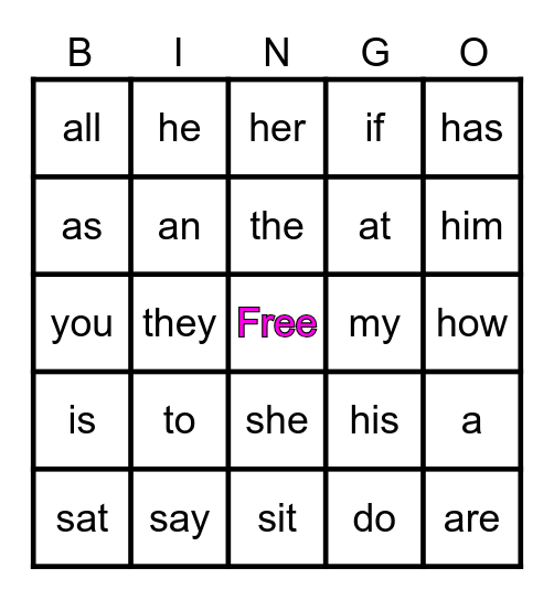 Kindergarten Sight Words Bingo Card