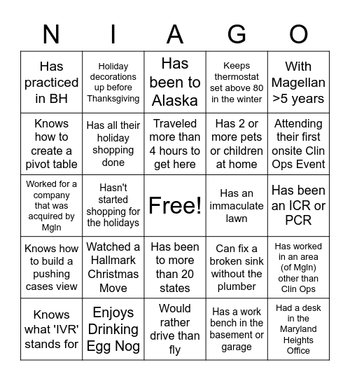 NIA-GO Bingo Card