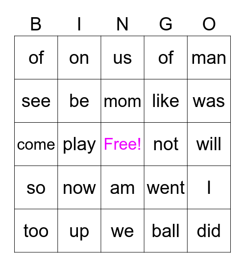 Kindergarten Sight Words Bingo Card