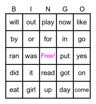 KIndergarten Sight Words Bingo Card