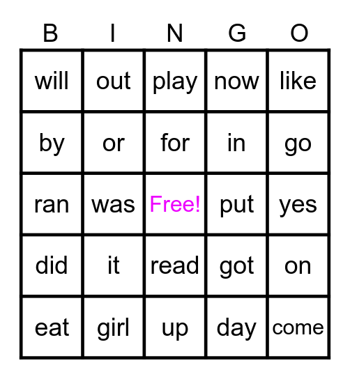 KIndergarten Sight Words Bingo Card