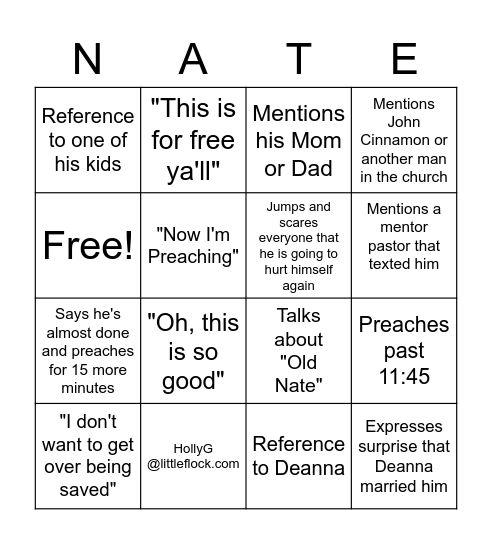 Pastor Nate Bingo Card