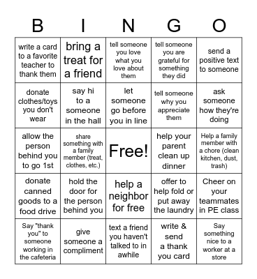 Acts of Kindness Bingo Card