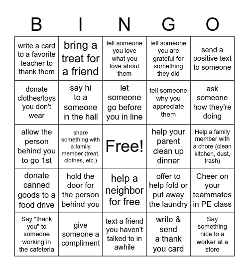 Acts of Kindness Bingo Card