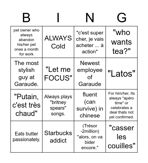 Garaude Bingo Card