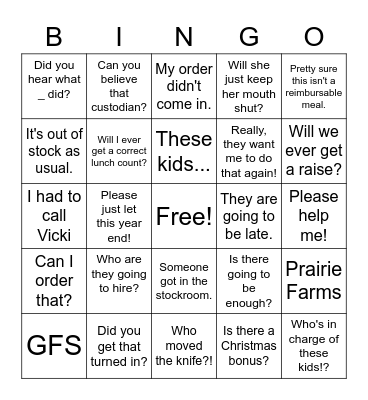 Child Nutrition Bingo Card