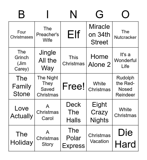 Holiday Movie Bingo Card