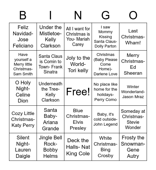 Holiday music- Round 1 Bingo Card